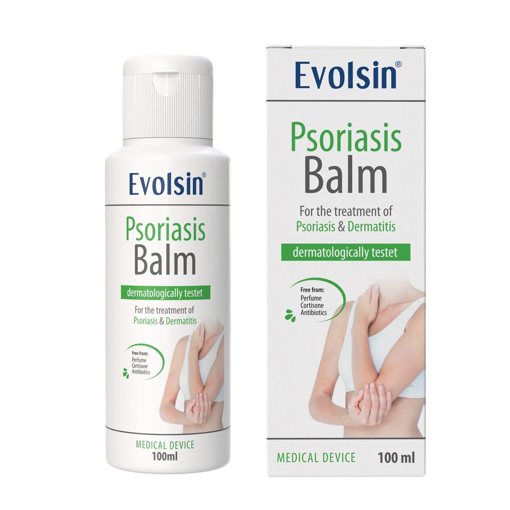 Fles en doos Evolsin Psoriasis Balsem.