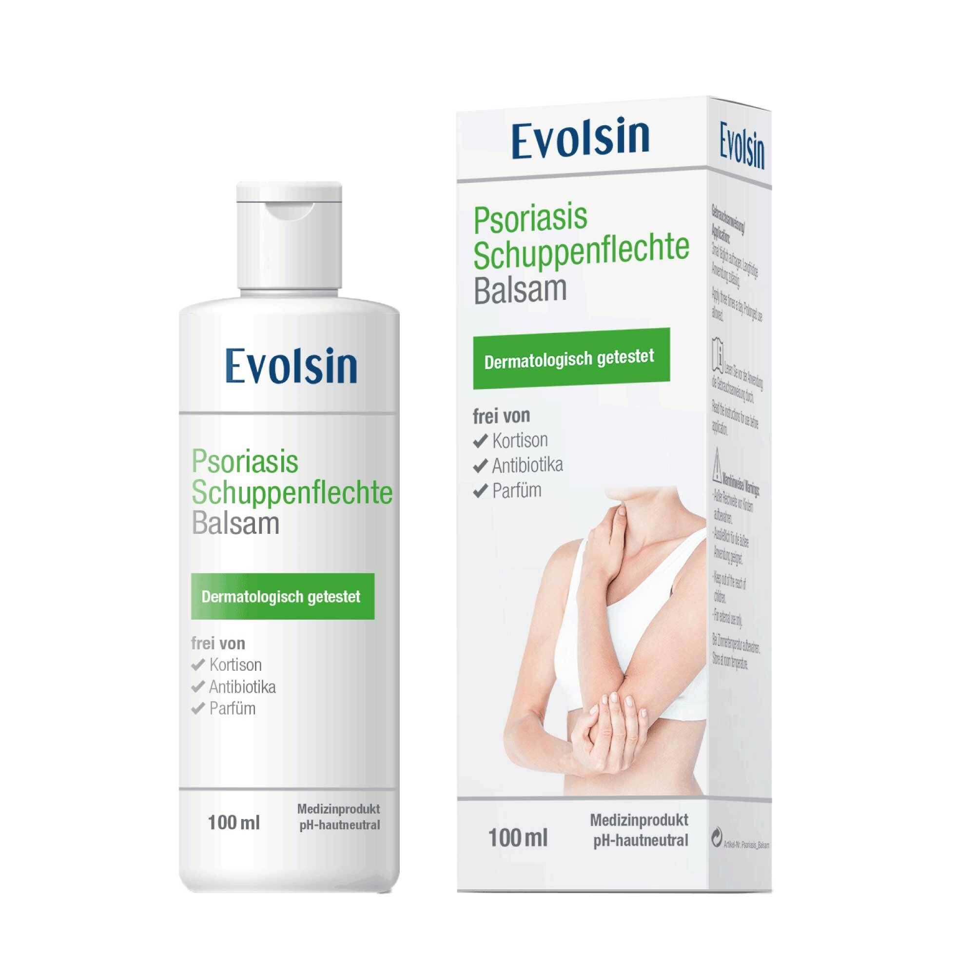 Witte fles en doos met productnaam. Tekst: Evolsin Psoriasis Schuppenflechte Balsam. Dermatologisch getest.