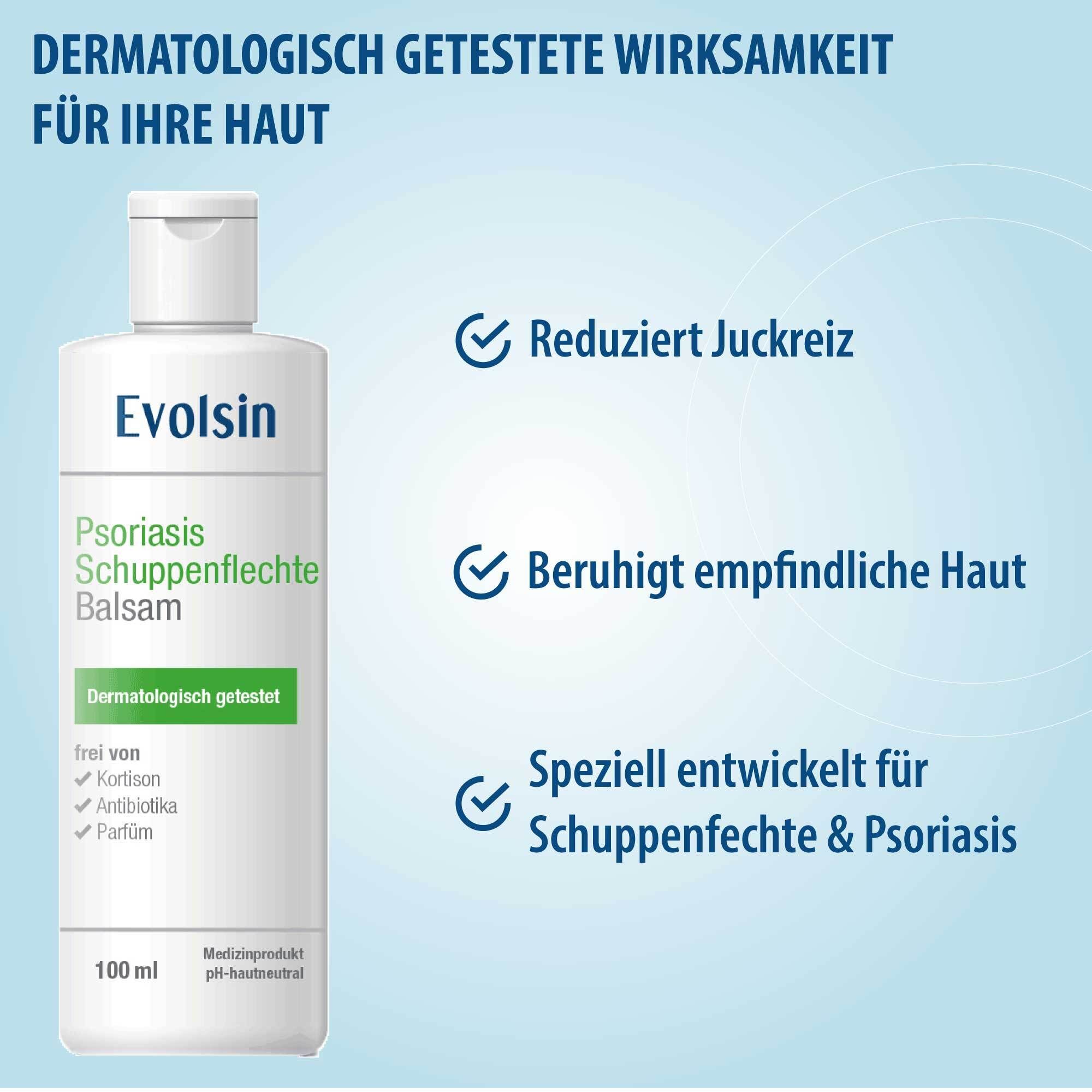 Witte fles Evolsin Psoriasis Balsam. Vermindert jeuk, kalmeert gevoelige huid, speciaal voor psoriasis.