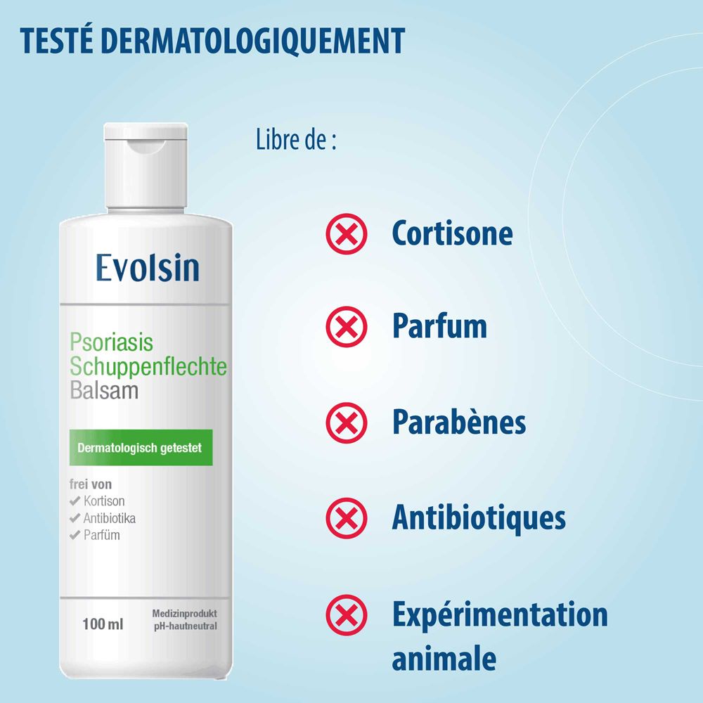 Baume Evolsin Psoriasis : certifié CE, testé dermatologiquement.