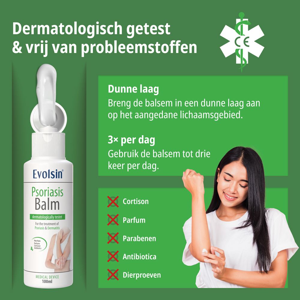 Fles Evolsin Psoriasis Balsem, achterkant met batchnummer en vervaldatum.