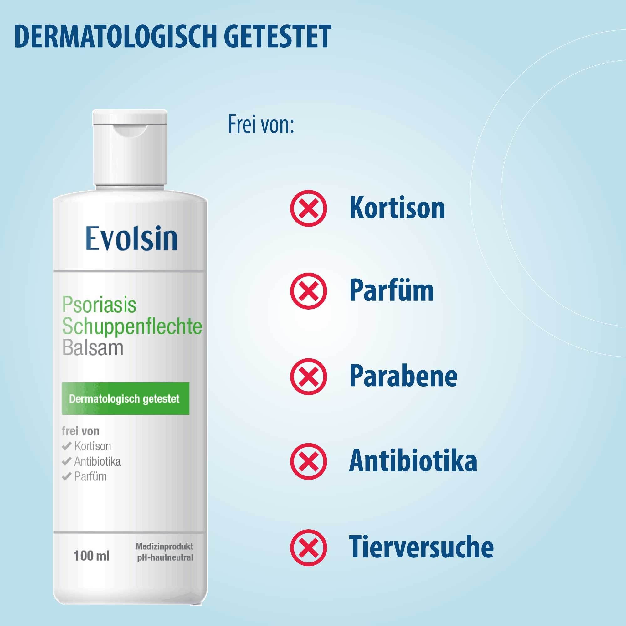 Witte fles Evolsin Psoriasis Balsam. Vrij van: Cortison, Parfum, Parabenen, Antibiotica, Dierproeven.