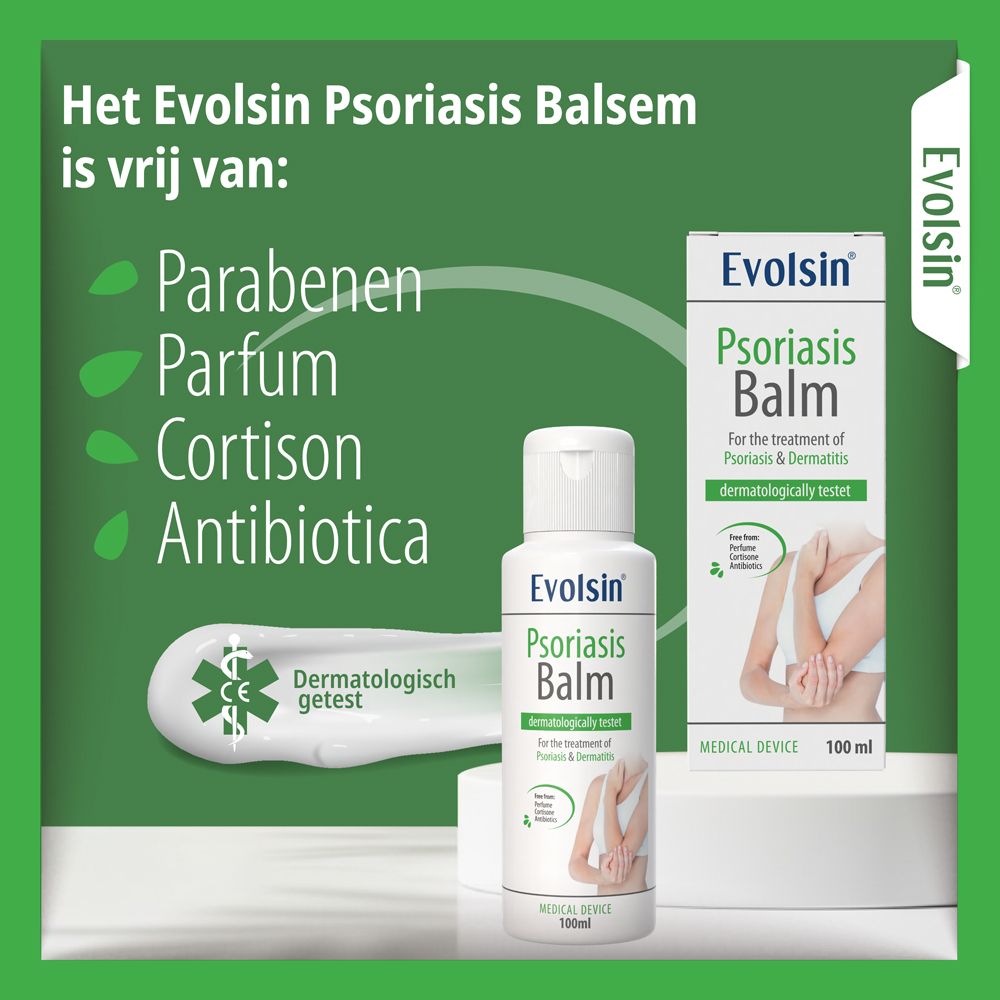 Evolsin Psoriasis Balsem fles en verpakking. Vrij van parabenen, parfum, cortison, antibiotica. Dermatologisch getest.