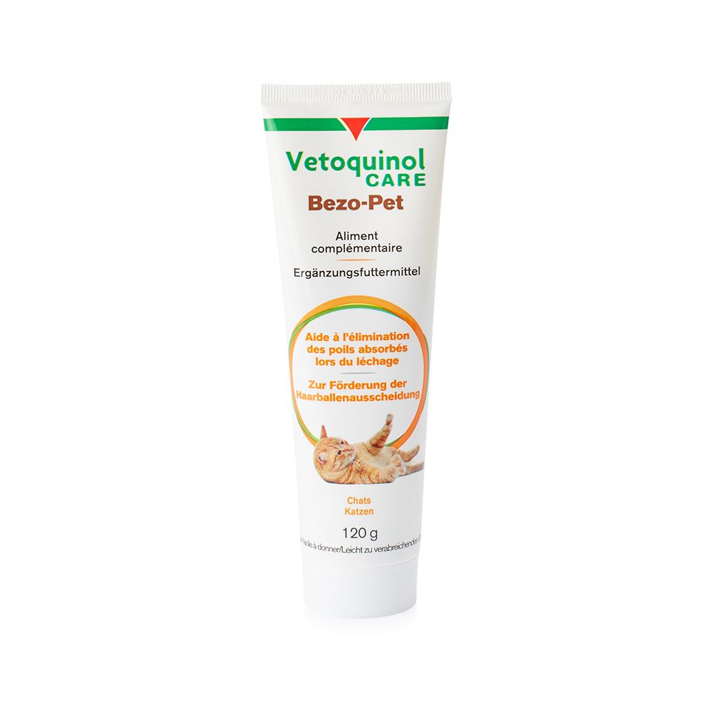 Tube met productnaam en afbeelding van een kat. Tekst in het Duits en Frans.