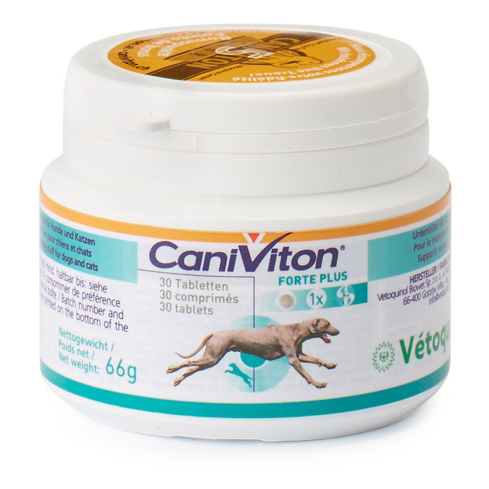 Witte pot CaniViton FORTE PLUS. Opschrift: 30 tabletten. Afbeelding van een hond. Netto gewicht 66g.
