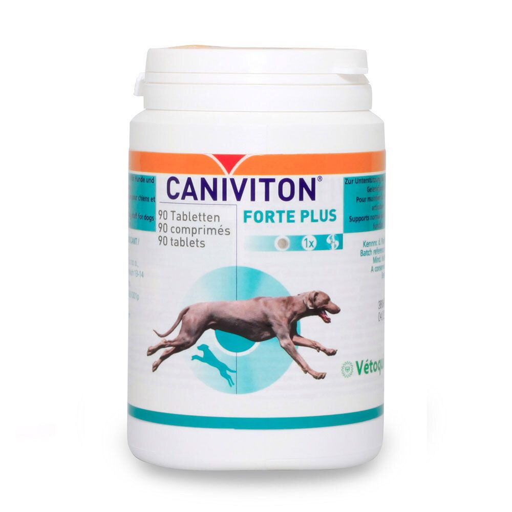 Witte pot CANIVITON FORTE PLUS, 90 tabletten. Afbeelding van een rennende hond. Vétoguinol logo.