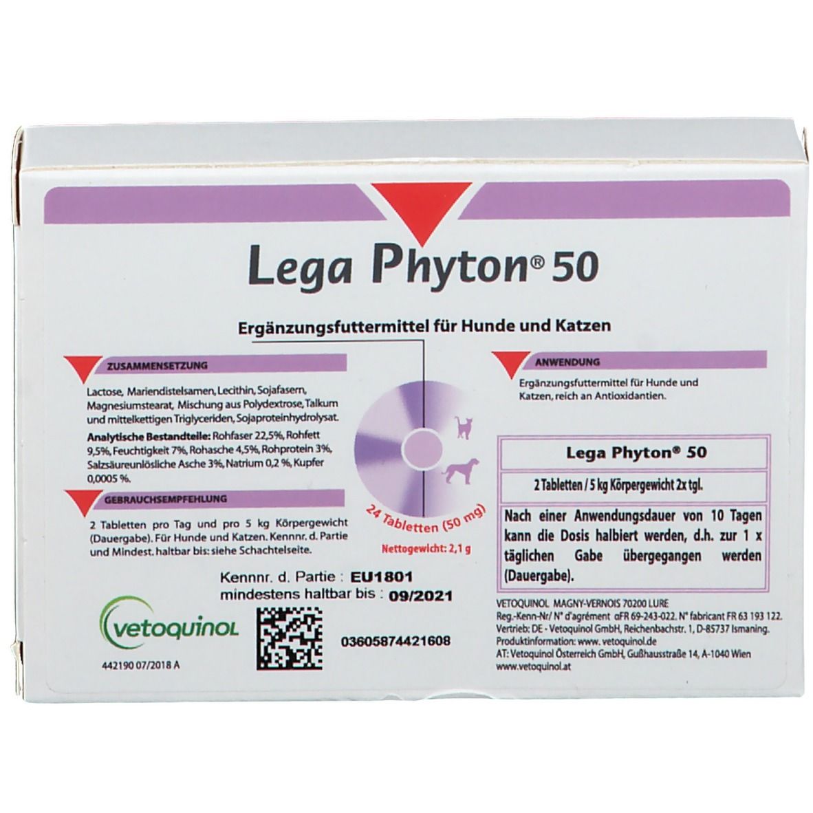 Doos Lega Phyton® 50. Aanvullend diervoeder voor honden en katten. Bevat 24 tabletten. Ten minste houdbaar tot 09/2021.