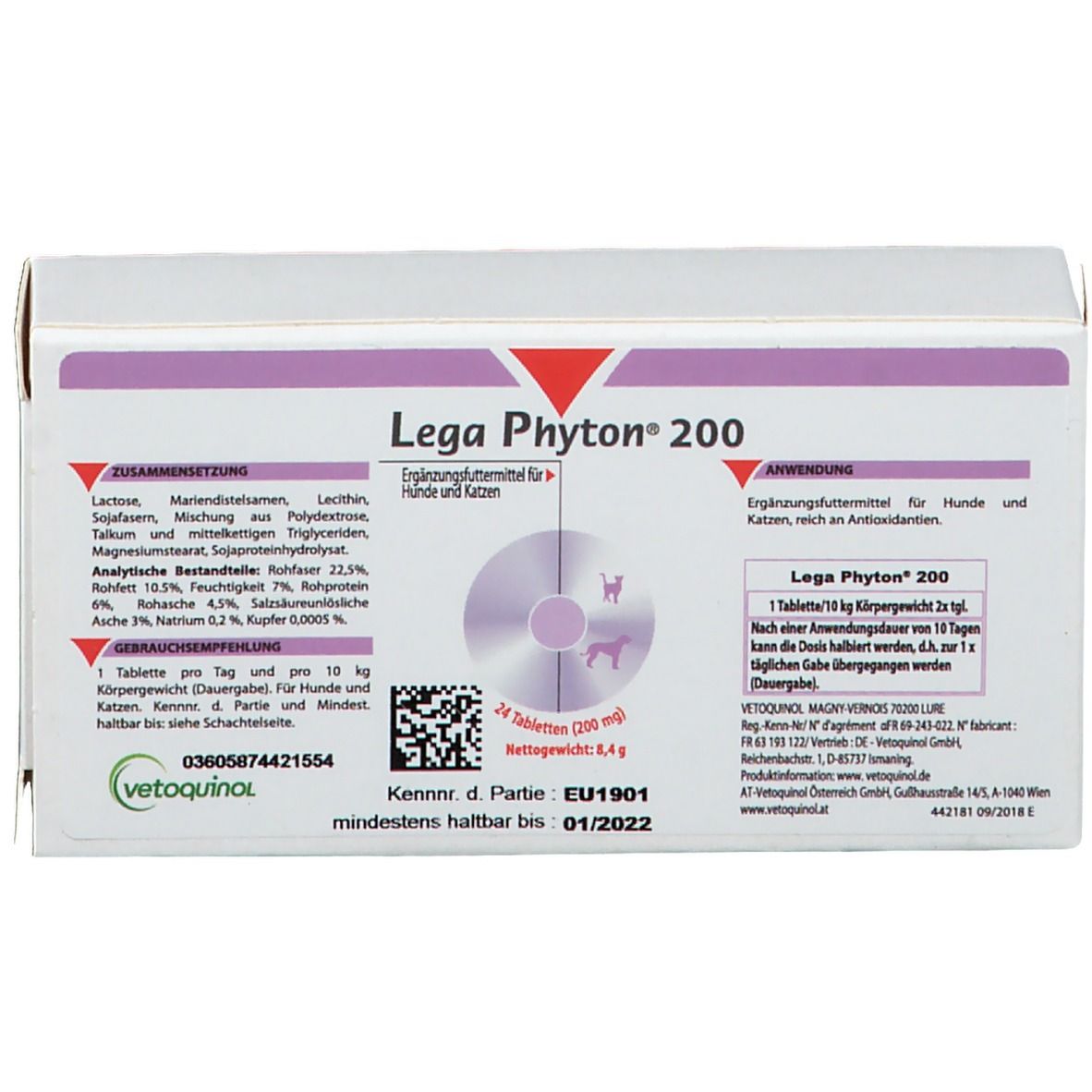 Verpakking van Lega Phyton® 200. Bevat 24 tabletten. Opschrift: Aanvullend diervoeder voor honden en katten. Ten minste houdbaar tot 01/2022.