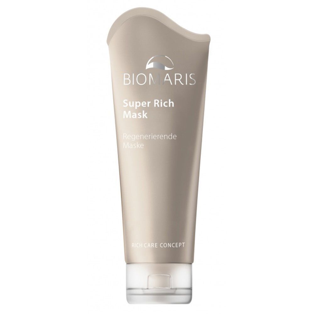 Beige tube met "BIOMARIS Super Rich Mask". Tekst en logo. Afgeronde vorm, witte dop.