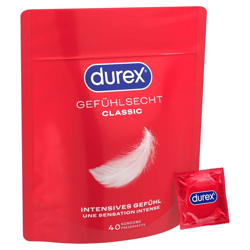 Pack rouge Durex Gefühlsecht Classic préservatifs, 40 unités, avec symbole plume.