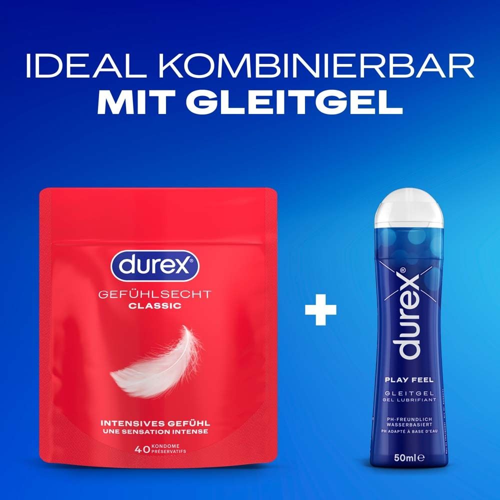 Paquet rouge de 40 préservatifs Durex Classic avec plume. À côté, flacon bleu de gel lubrifiant Durex Play Feel, 50ml.