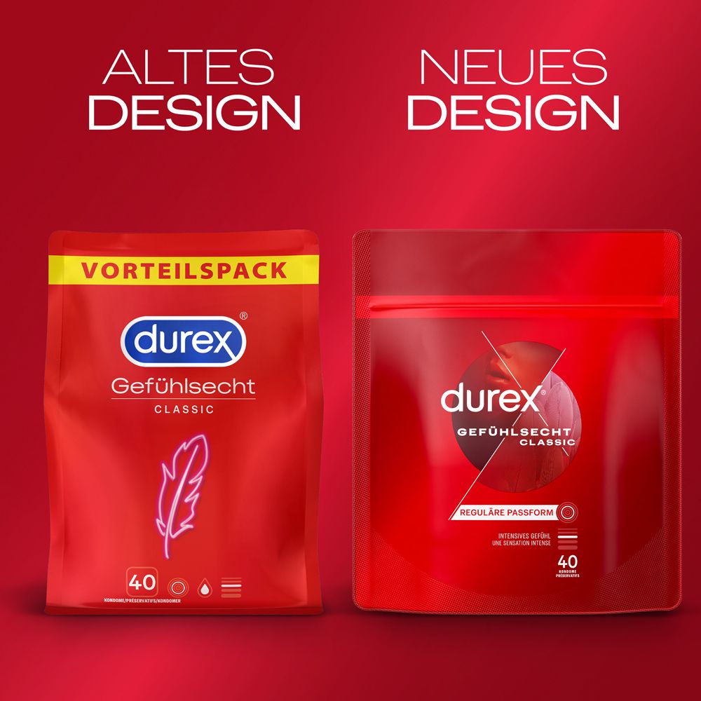 Deux paquets rouges Durex : à gauche 'Ancien design' avec plume, à droite 'Nouveau design'. Les deux pour 'Gefühlsecht Classic'.