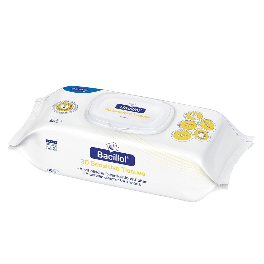 Paquet de 30 lingettes sensibles. Emballage blanc avec couvercle bleu. Inscription : Bacillol, 30 lingettes sensibles. 80 lingettes.