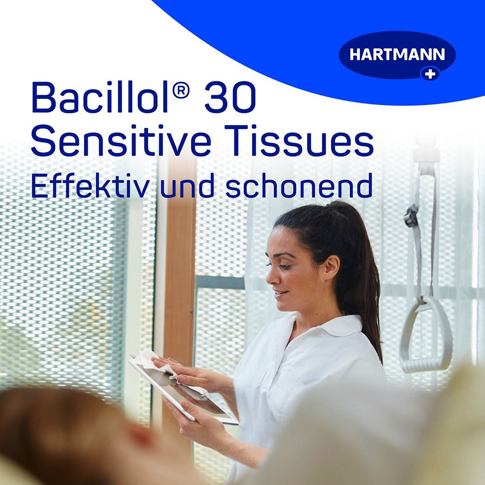 Une femme essuie une surface avec une lingette. Inscription : Bacillol® 30 Sensitive Tissues. Efficace et doux.