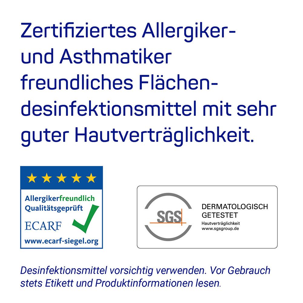 Certifications : ECARF, SGS. Texte : Désinfectant de surface certifié pour les personnes allergiques et asthmatiques, très bien toléré par la peau.