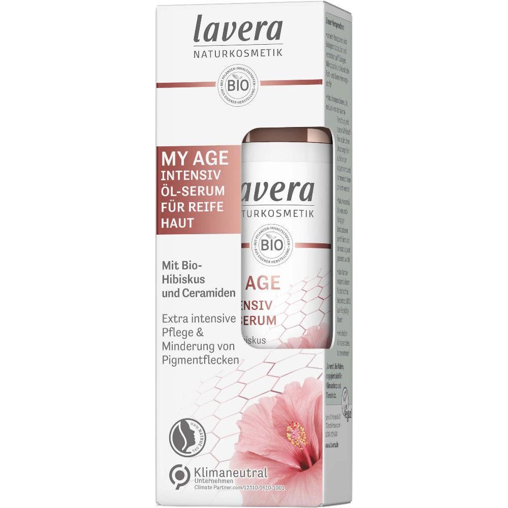 Emballage Lavera MY AGE Intensiv Öl-Serum avec motif hibiscus et label bio.