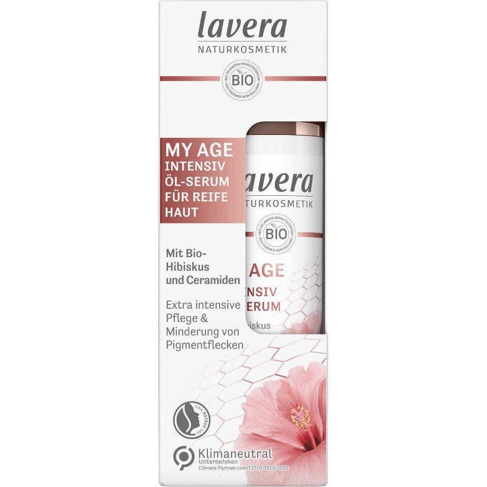 Emballage Lavera MY AGE Intensiv Öl-Serum avec motif hibiscus et label bio.