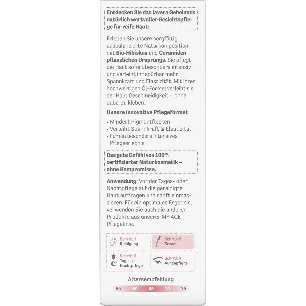 Arrière de l'emballage Lavera MY AGE Intensiv Öl-Serum avec informations produit.