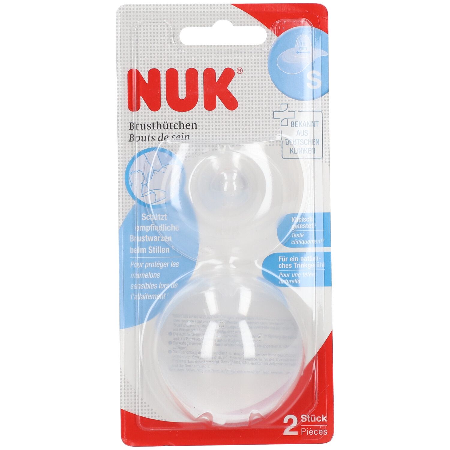 Emballage de deux bouts de sein. Logo NUK et nom du produit. Taille S. Tétines transparentes en blister.