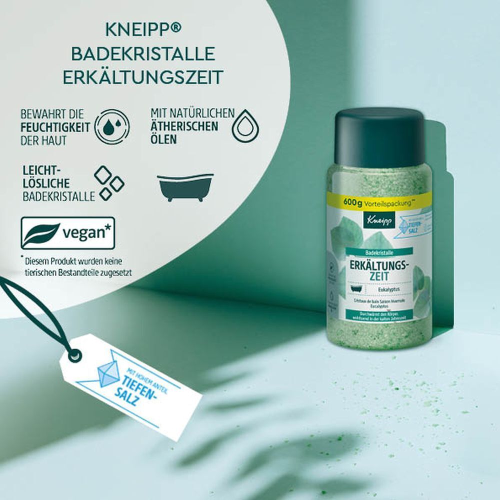 Cristaux de bain Kneipp Erkältungszeit, 400g. Cristaux verts parfum eucalyptus. Vegan.