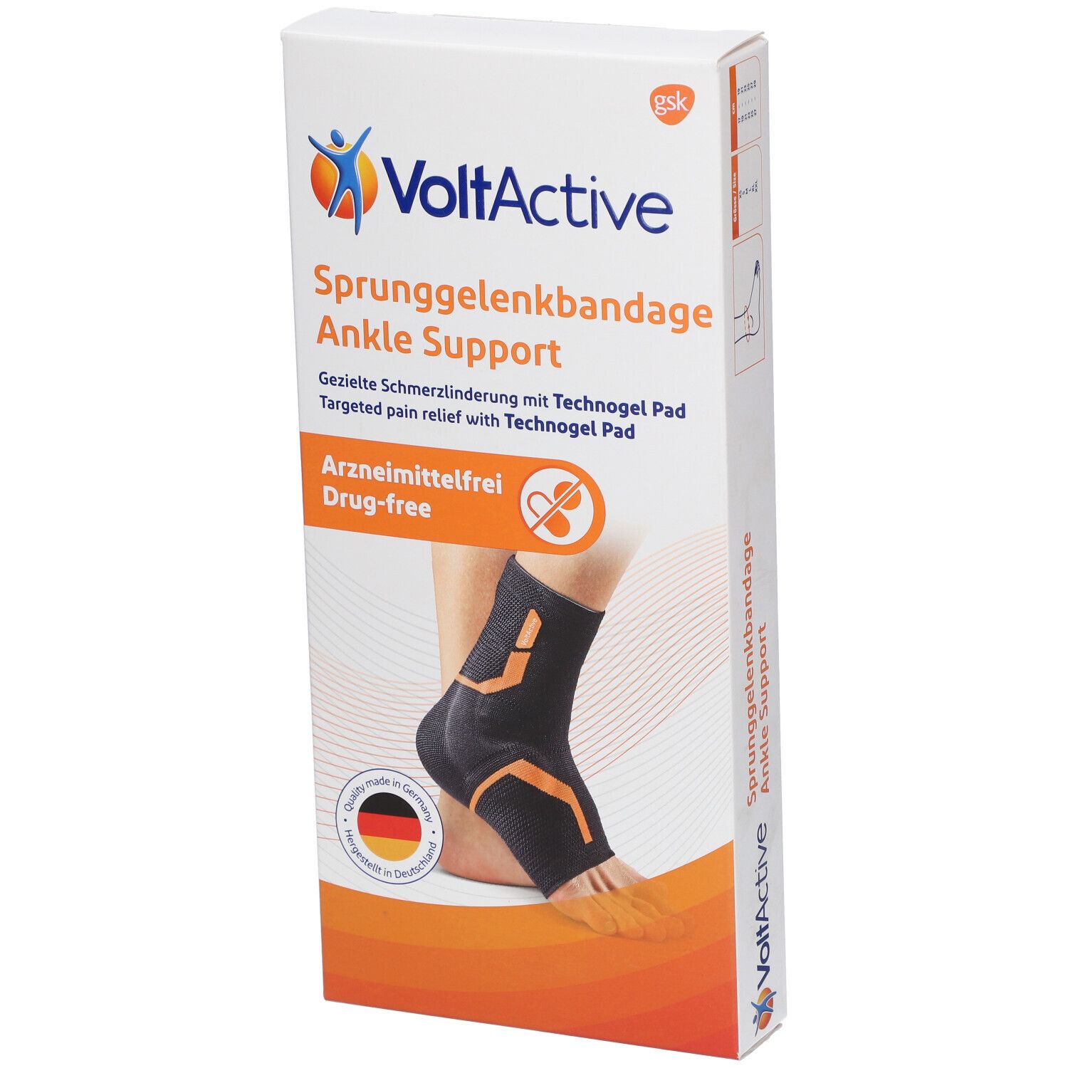 Emballage de l'attelle de cheville VoltActive. Nom du produit, logo et description sur le devant. Avec drapeau allemand.
