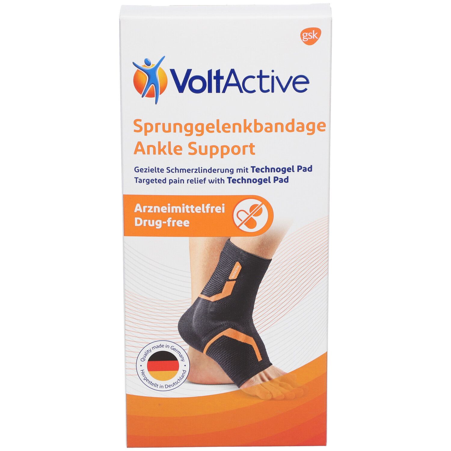 Attelle de cheville VoltActive sur l'emballage. Nom du produit, logo et description. Avec illustration du produit sur la jambe.