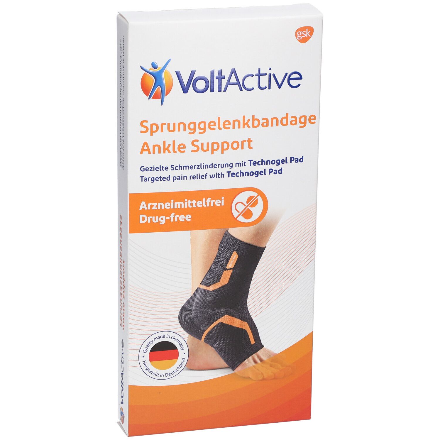 Attelle de cheville VoltActive sur l'emballage. Nom du produit, logo et description. Avec illustration du produit sur la jambe.