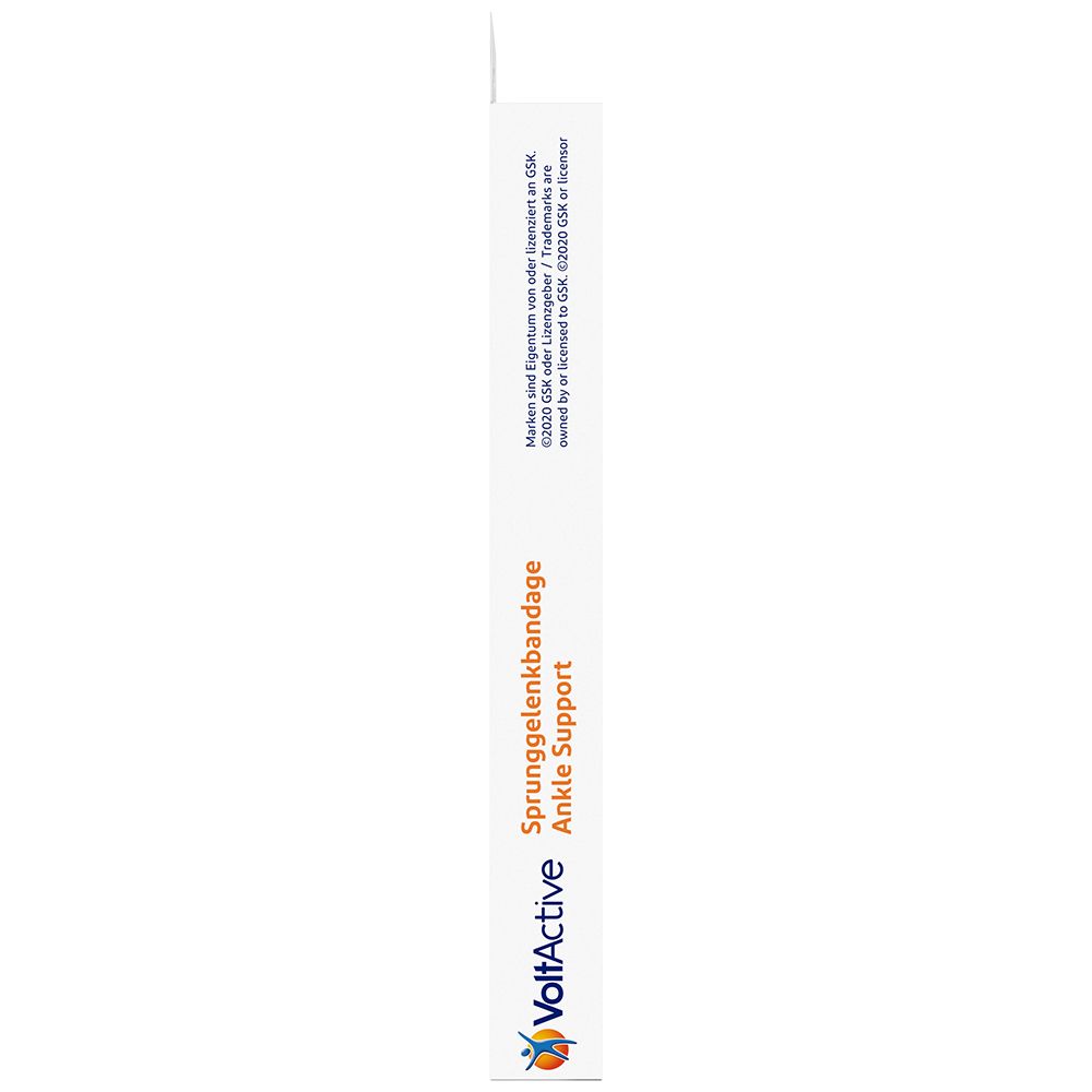 Côté étroit de l'emballage de l'attelle de cheville VoltActive. Affiche le nom du produit et le logo.