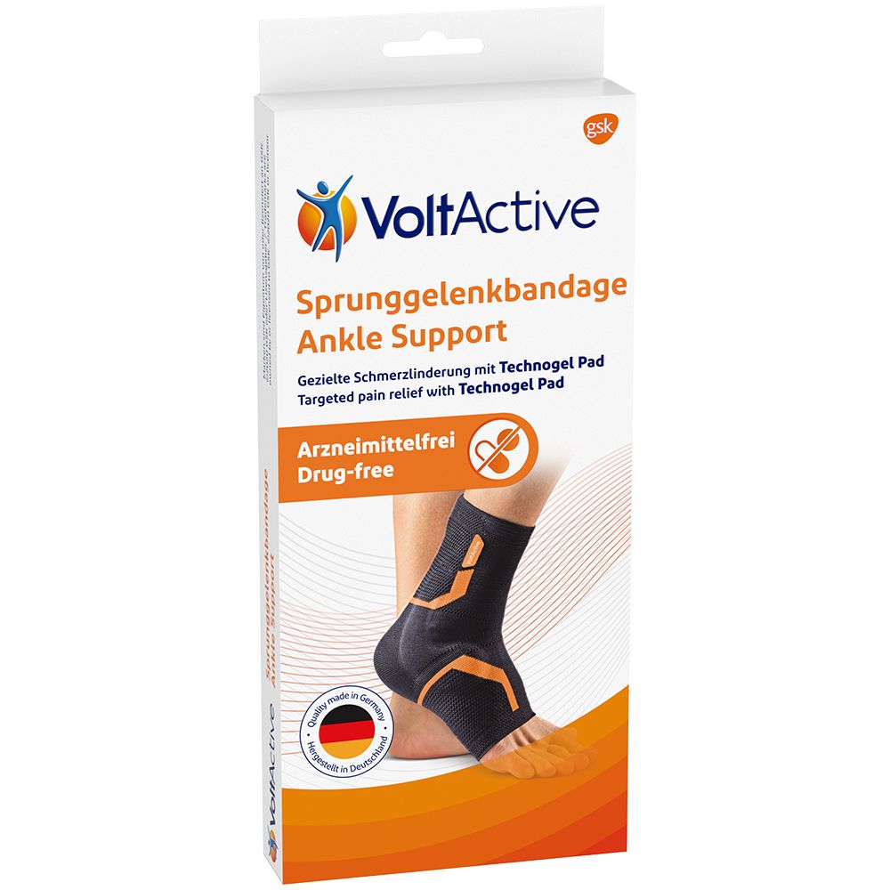 Emballage de l'attelle de cheville VoltActive. Nom du produit, logo et image de l'attelle sur le pied. Avec la mention "Sans médicament".