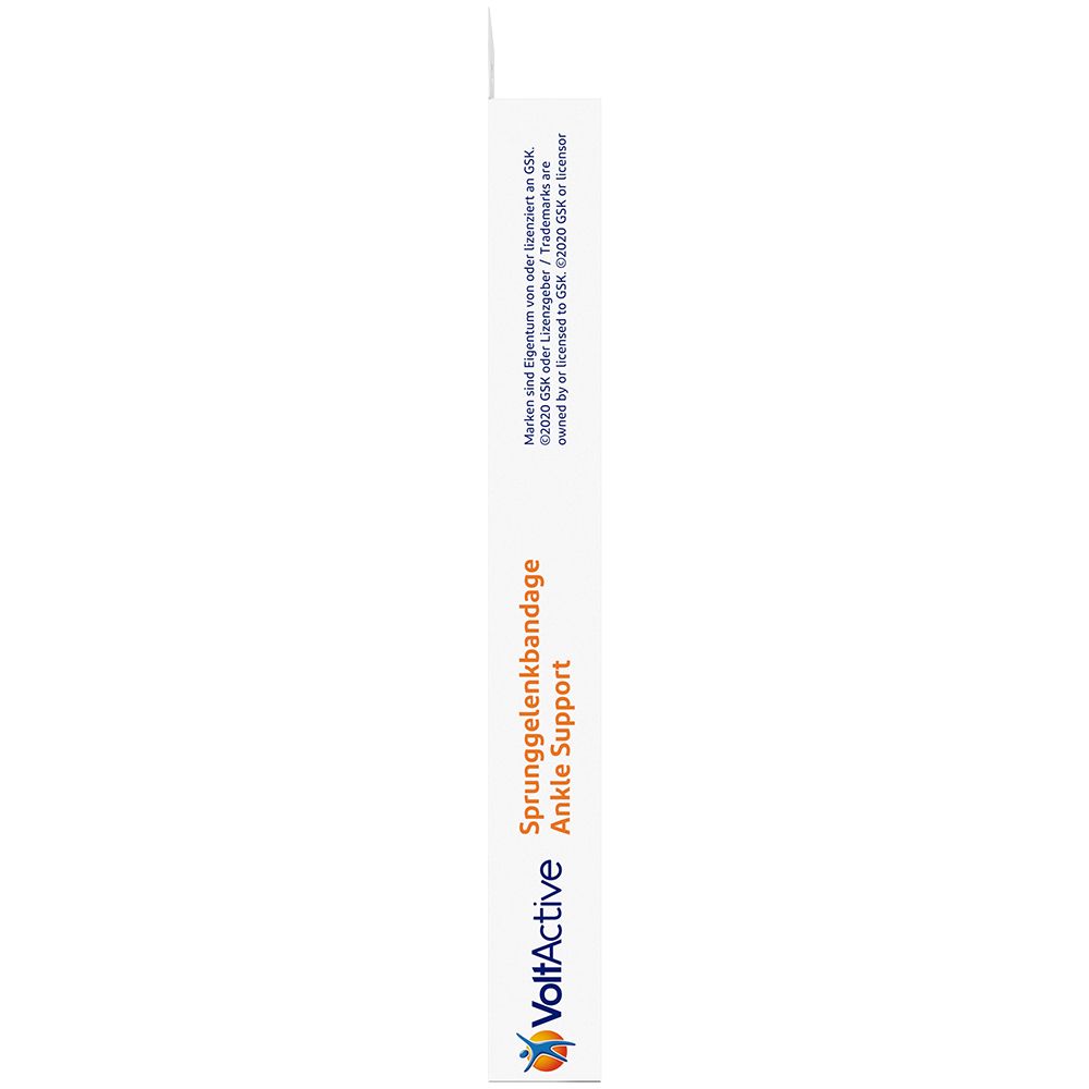 Emballage étroit de l'attelle de cheville VoltActive. Nom du produit et logo. Texte : Ankle Support.