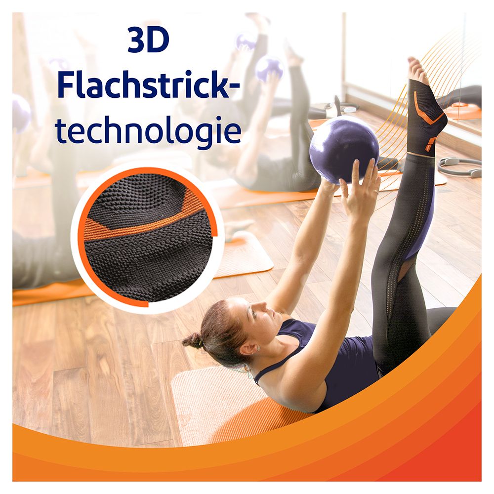 Femme faisant du sport avec une attelle de cheville VoltActive. Technologie 3D à tricot plat. Fond : autres personnes faisant du sport.