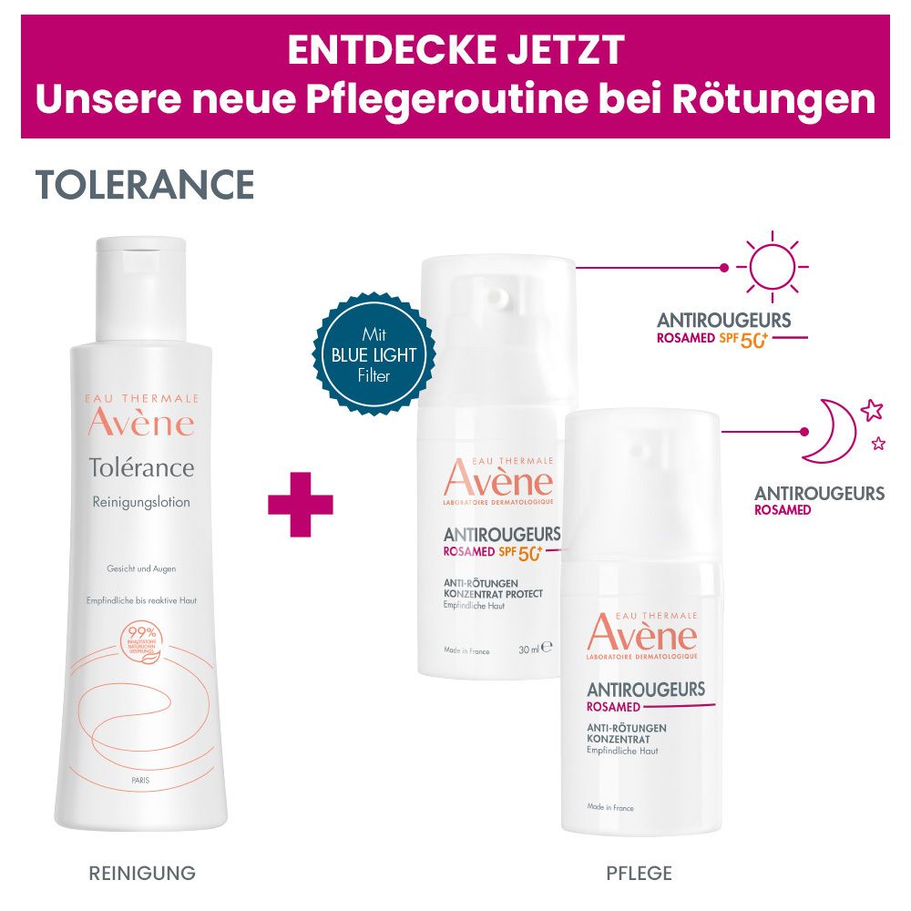 Lotion nettoyante Avene Tolerance et deux produits anti-rougeurs, dont un avec SPF 50.