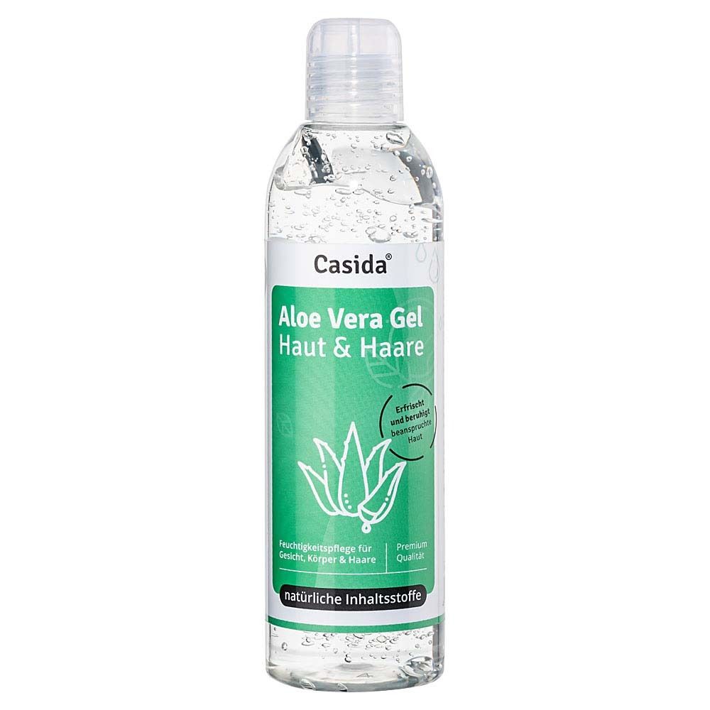 Transparante fles met groen etiket. Opschrift: Casida Aloe Vera Gel Haut & Haare. Aloe Vera-logo.