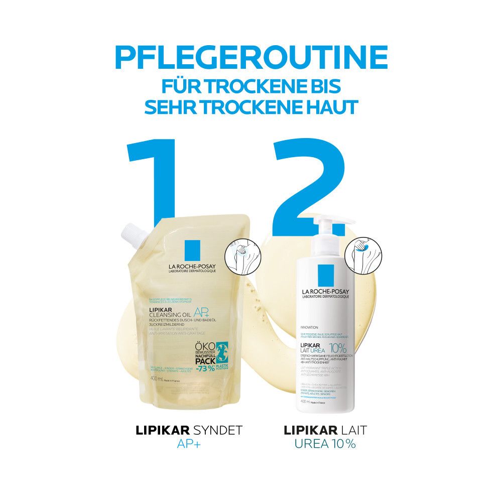 Routine de soin La Roche Posay: Lipikar Syndet AP+ et Lipikar Lait Urea 10%.