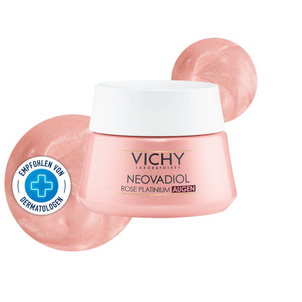 Vichy Neovadiol Rose Platinium oogverzorging in roze pot met aangebrachte crème en dermatologenkeurmerk.