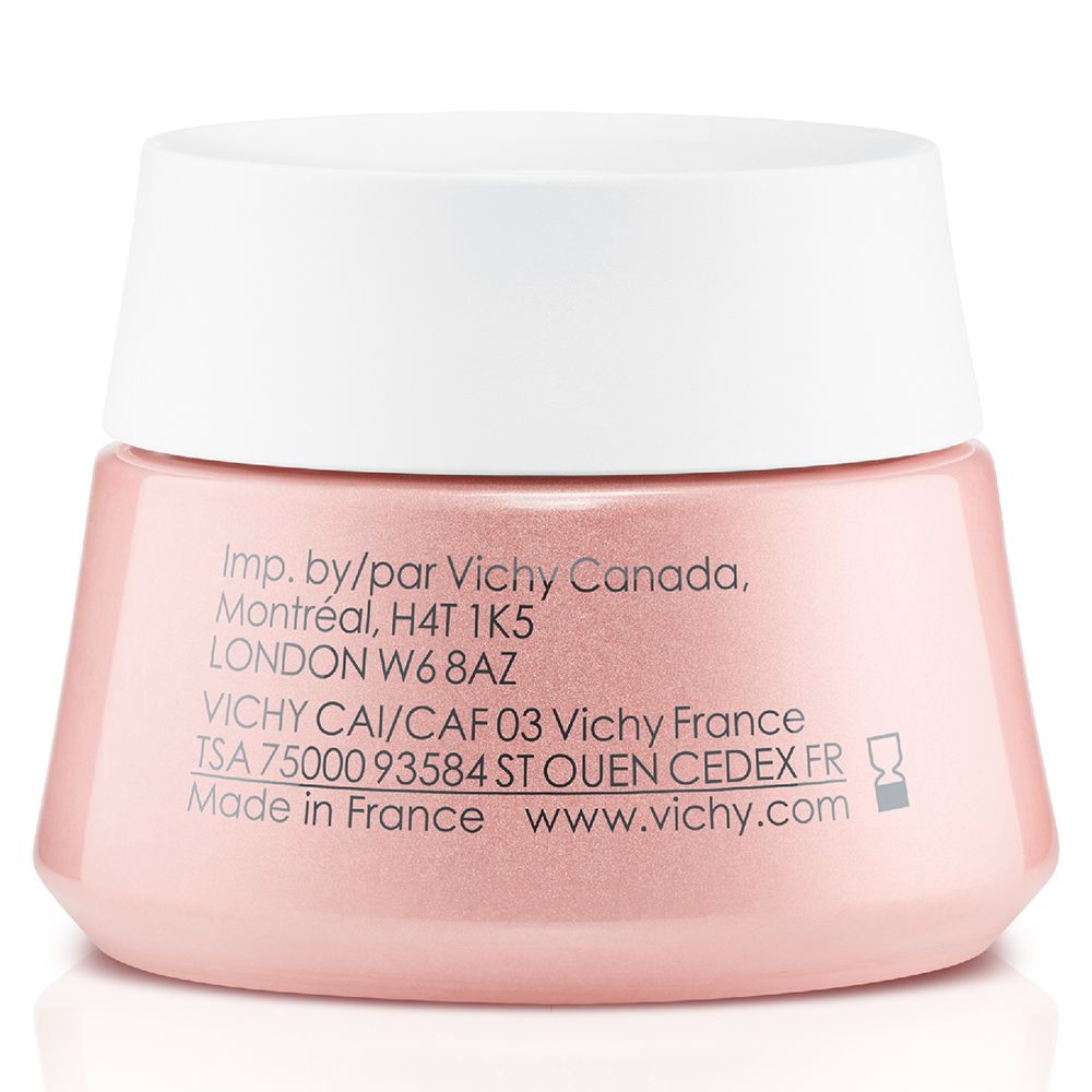 Achterkant van een roze pot Vichy Neovadiol Rose Platinium oogverzorging met productie- en contactinformatie.