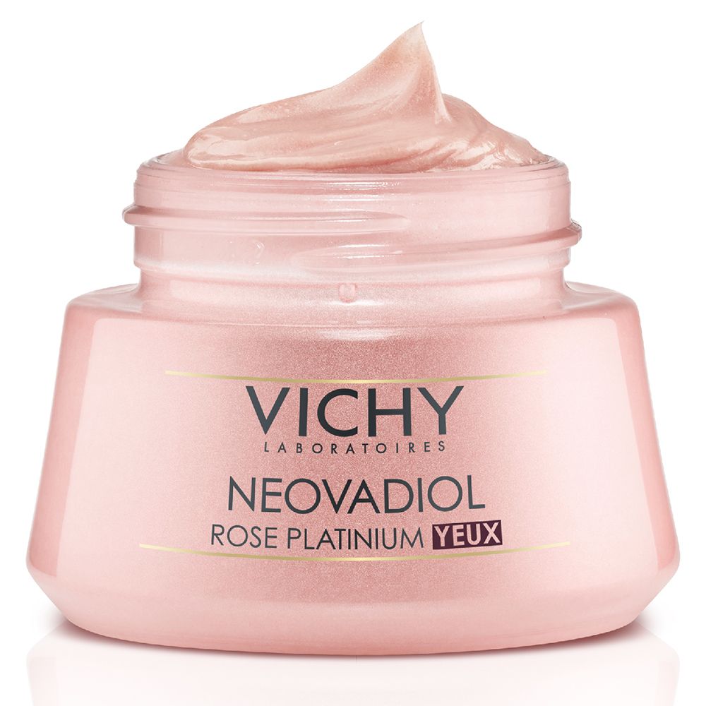 Open pot Vichy Neovadiol Rose Platinium oogverzorging met roze crème en Vichy-logo.