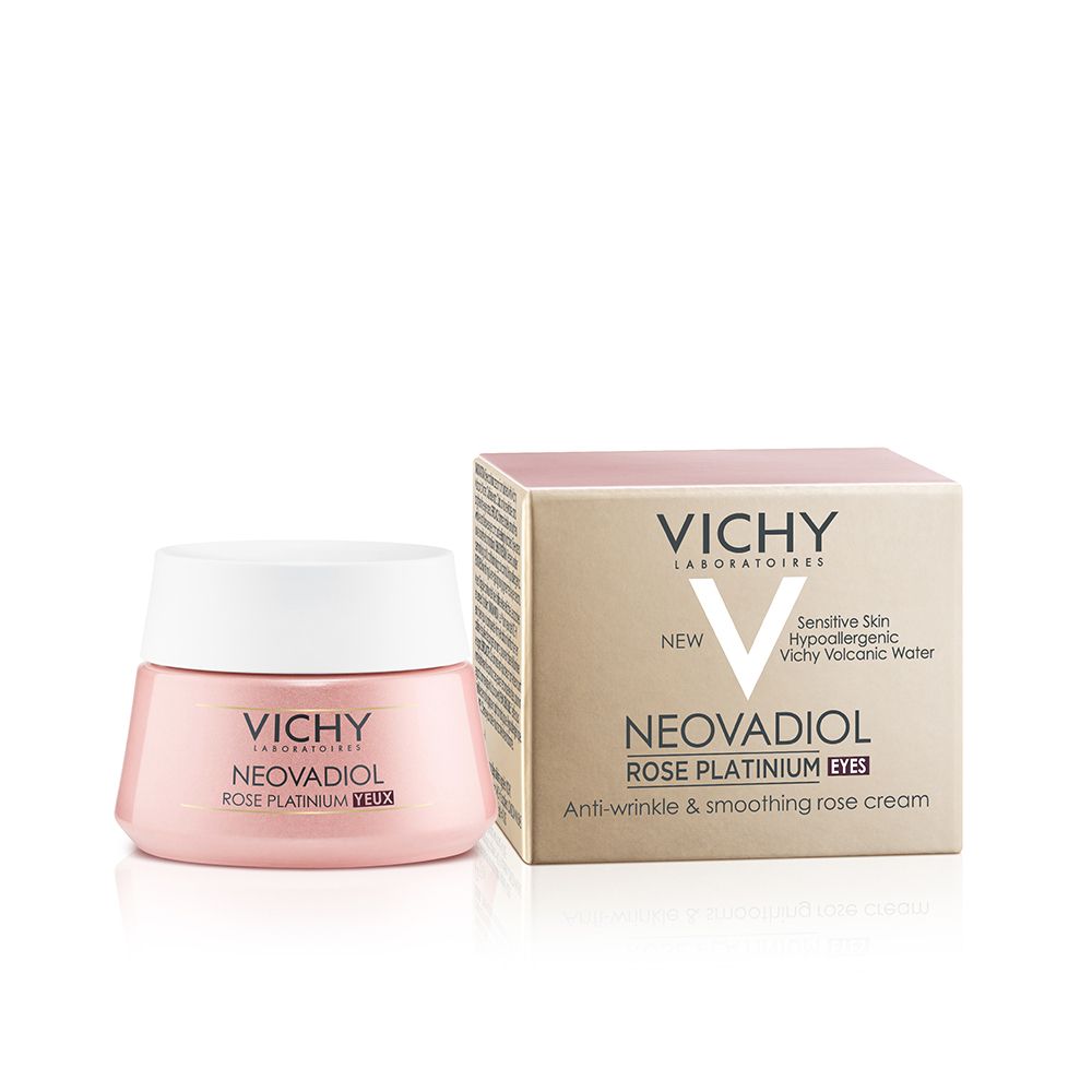 Vichy Neovadiol Rose Platinium oogverzorging pot naast de roze verpakkingsdoos.