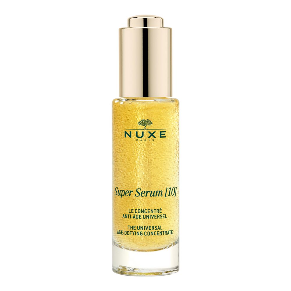 Gele serumfles met gouden dop. Opschrift: NUXE Super Serum [10].