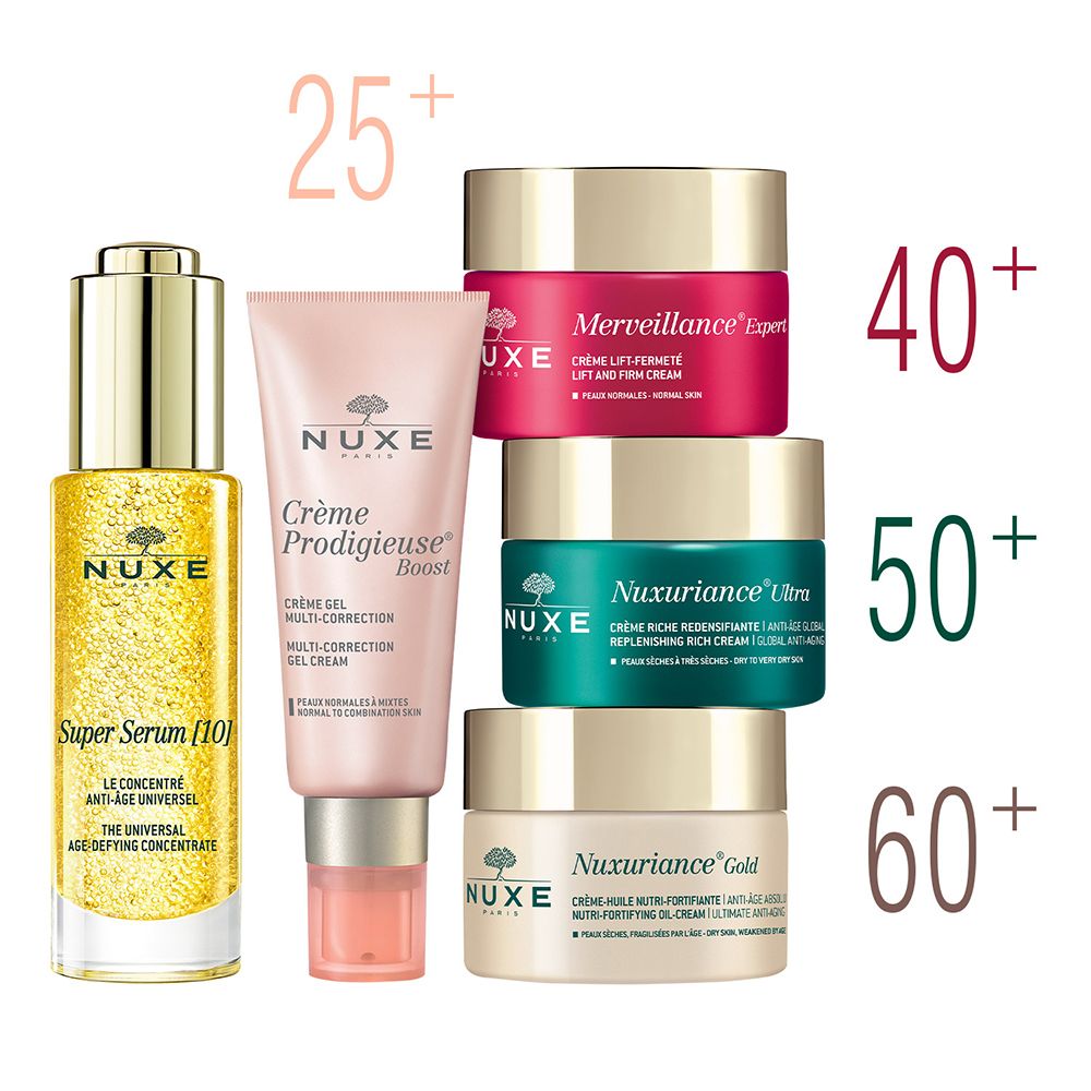Productreeks: serum en crèmes. Opschriften: NUXE, 25+, 40+, 50+, 60+.