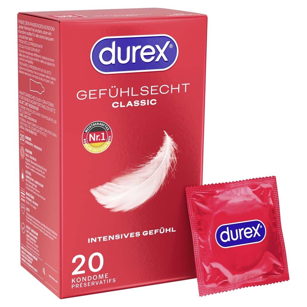 Boîte rouge Durex de 20 préservatifs, mention "Gefühlsecht Classic" et symbole de plume.