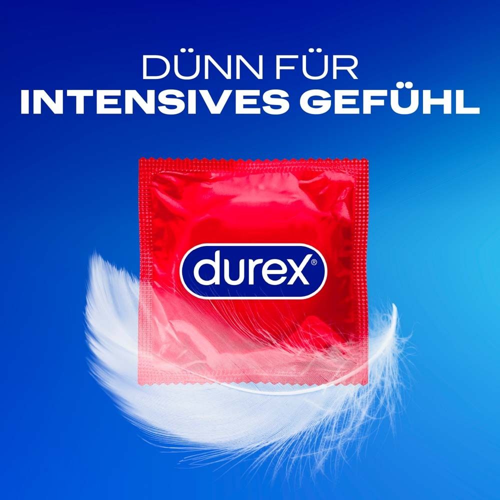 Emballage rouge Durex avec logo bleu, plume blanche à côté.