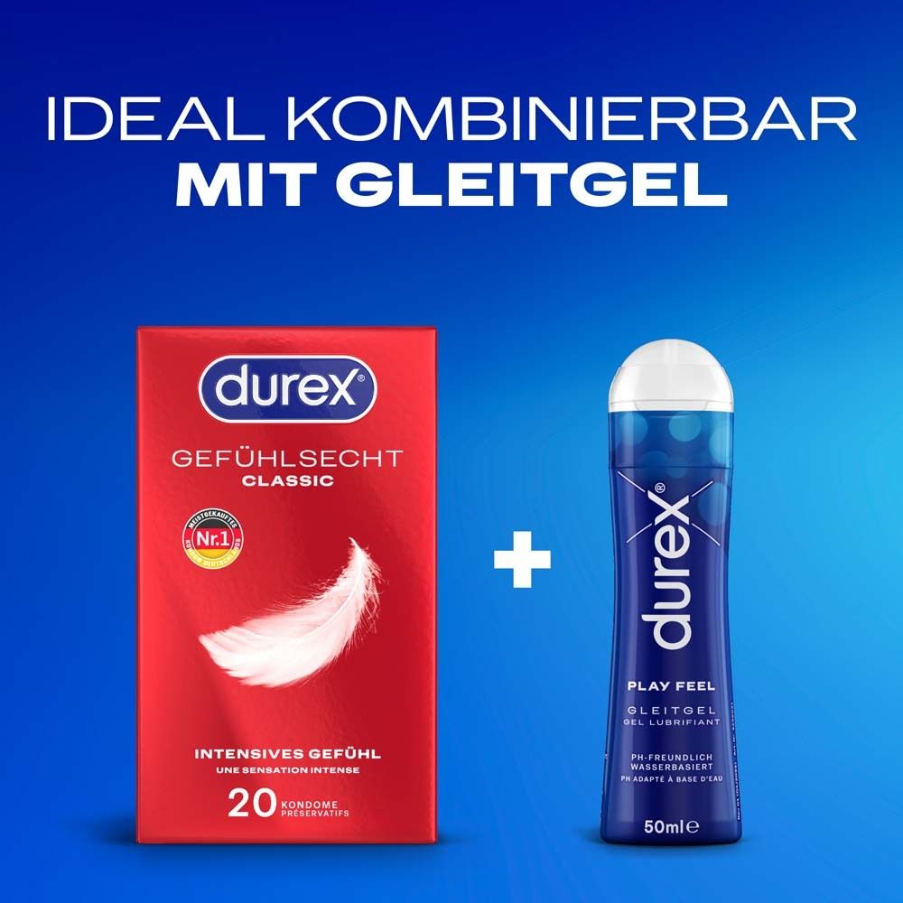 Préservatifs Durex Gefühlsecht Classic (20) et lubrifiant Durex Play Feel (50ml).