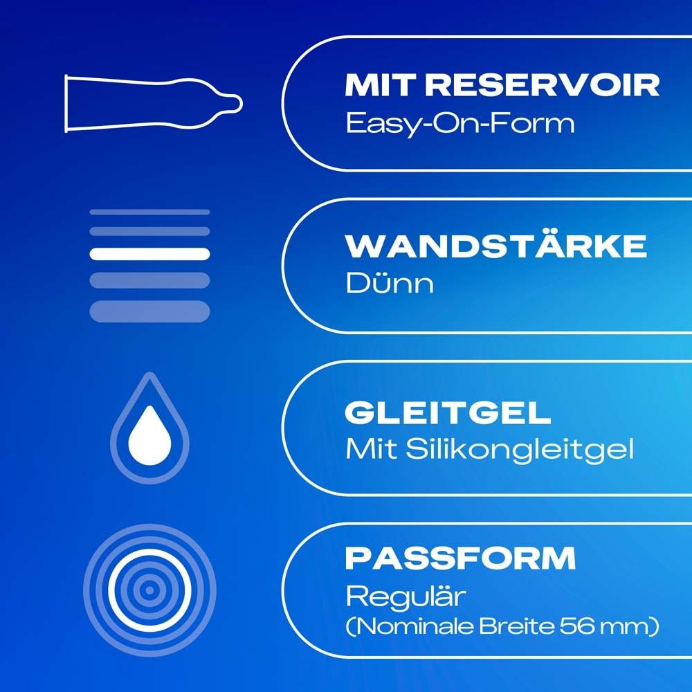 Préservatif avec réservoir, paroi fine, lubrifié au silicone, largeur nominale 56 mm.