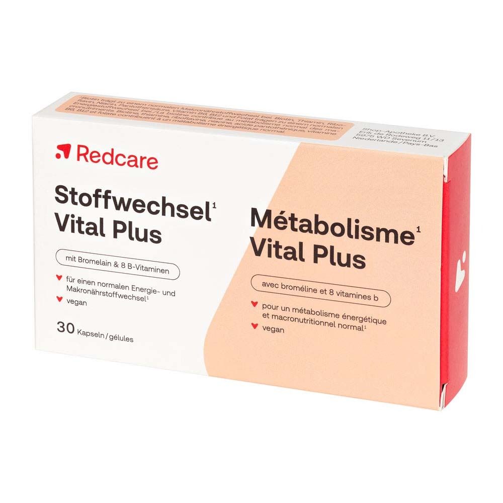 Redcare Stoffwechsel Vital Plus verpakking. Bevat 30 capsules. Opschrift in het Duits en Frans.