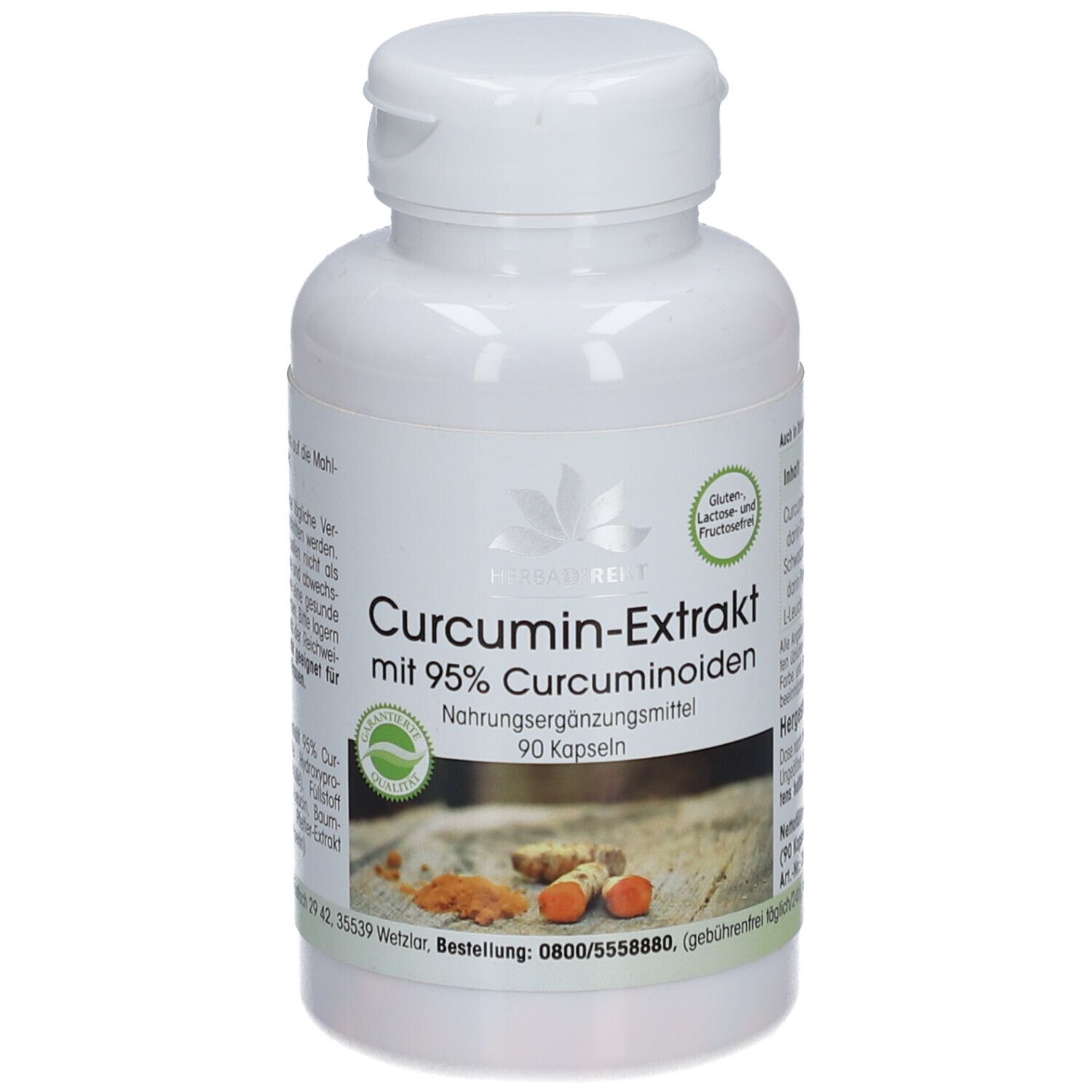 Witte fles met capsules. Opschrift: Curcumin-Extrakt mit 95% Curcuminoiden. 90 capsules. Zegel.