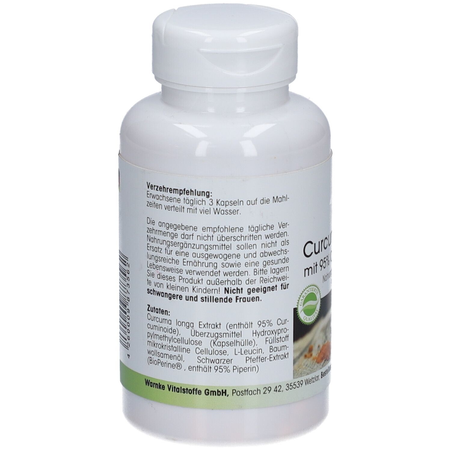 Achterkant van de fles. Tekst: Aanbevelingen, ingrediënten. Zegel. Warnke Vitalstoffe GmbH.