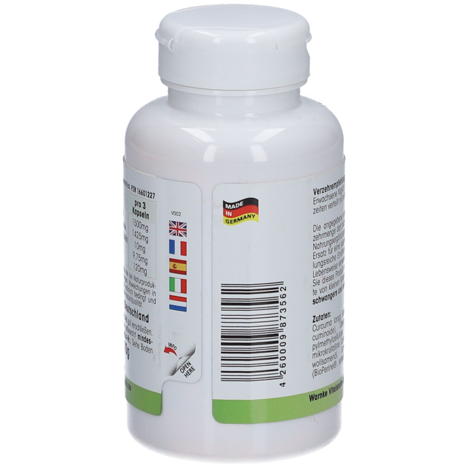 Achterkant van de fles. Tekst: Dosering, Made in Germany, barcode. Vlaggen.