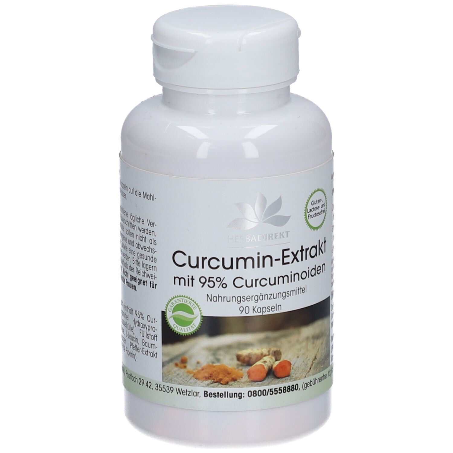 Witte fles met capsules. Opschrift: Curcumin-Extrakt mit 95% Curcuminoiden. 90 capsules. Zegel.