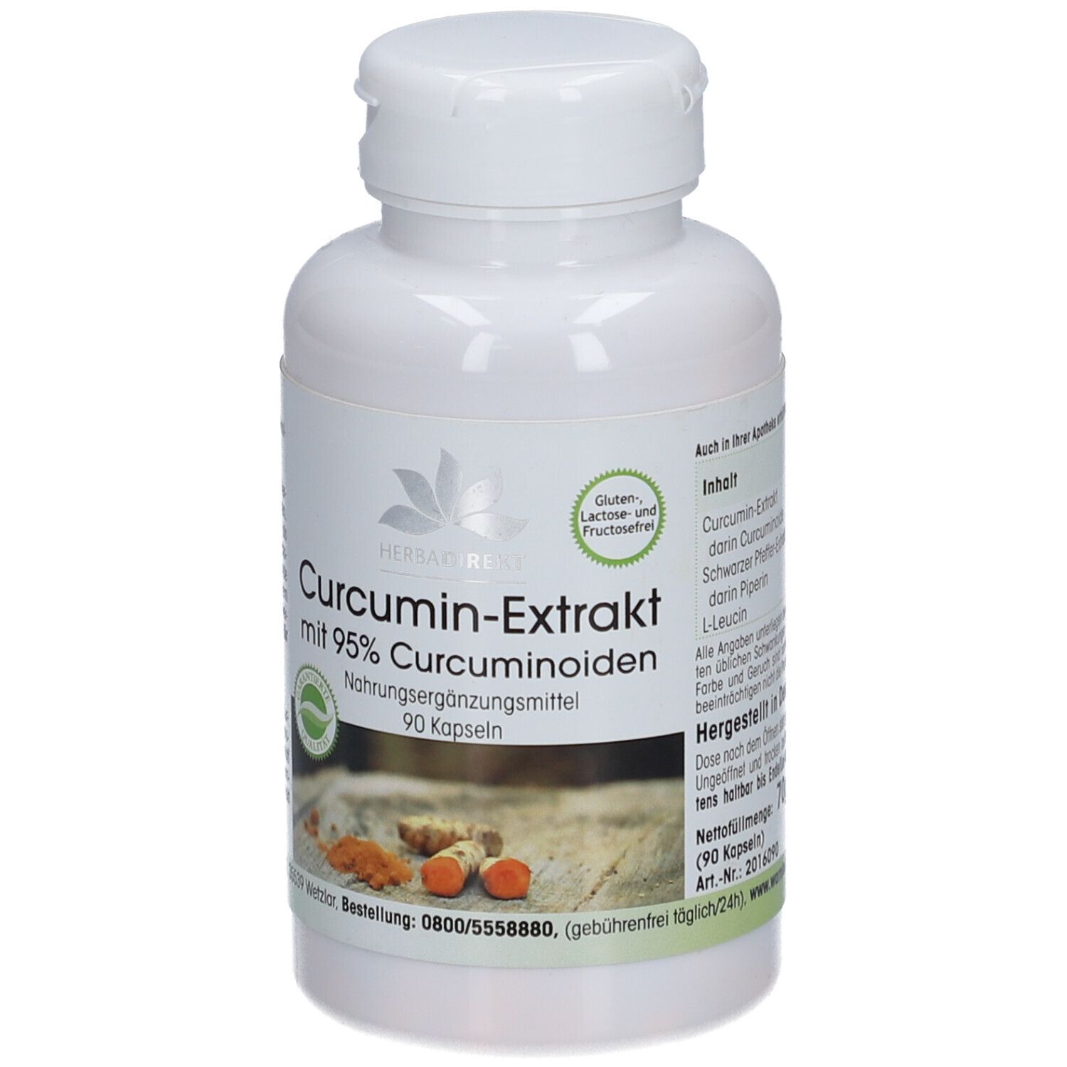 Witte fles met capsules. Opschrift: Curcumin-Extrakt mit 95% Curcuminoiden. 90 capsules. Zegel.